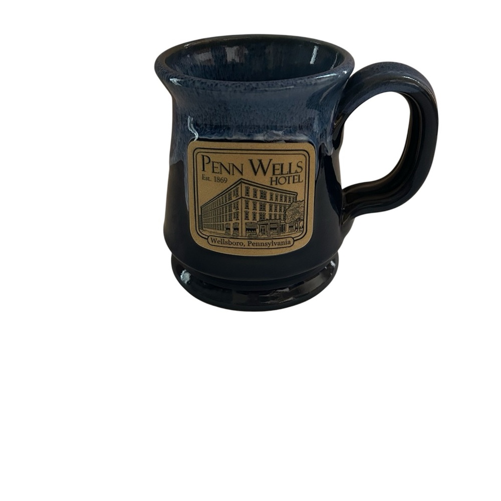Deneen Pottery Handmade Stoneware Blue Drip Glaze Penn Wells Hotel Coffee Mug